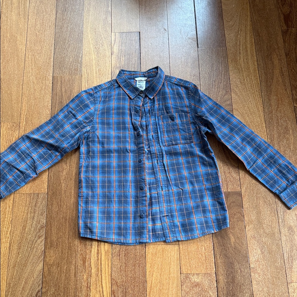 REI Boys Blue and Orange Plaid Button-Up Shirt (10-12)